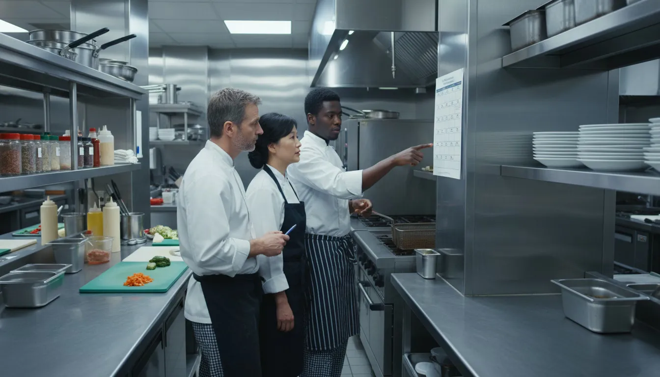 Kitchen staff reviewing monthly schedule with floating holiday dates