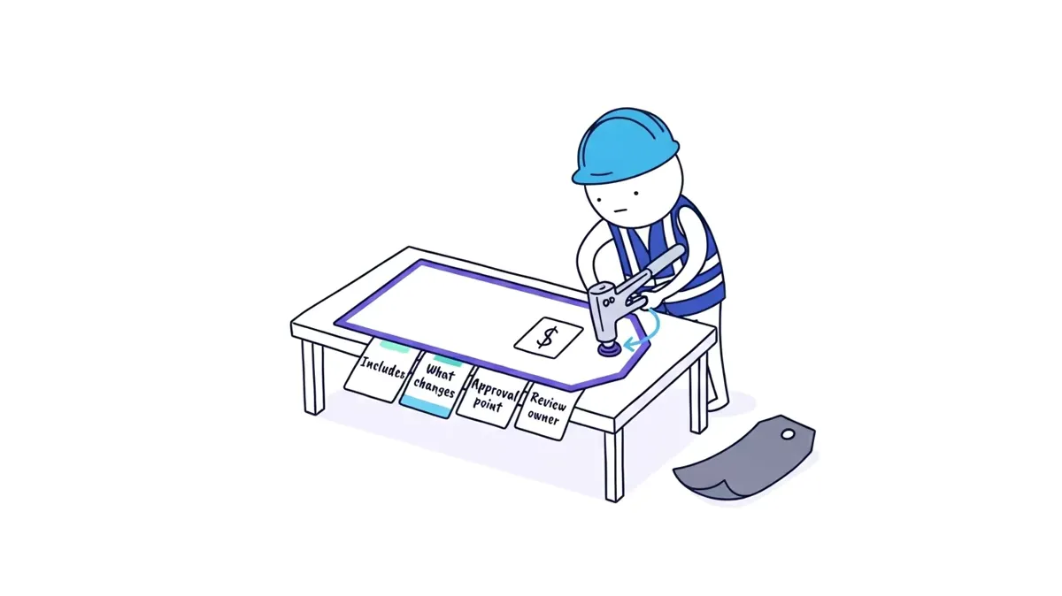 The Worker rivets scope, price variables, approval point, and review-owner tabs onto one customer-facing price tag so the number is understandable and maintainable.