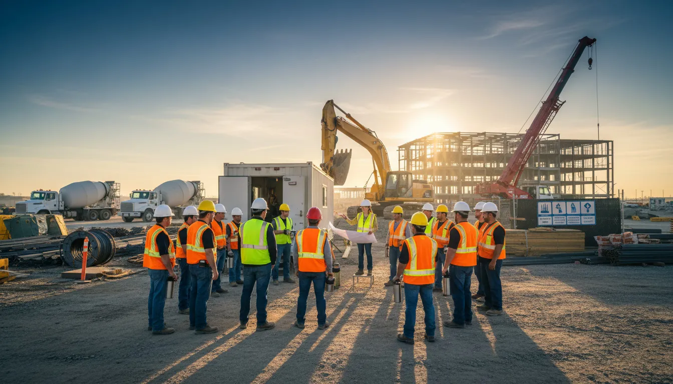 Construction crew gathering at job site during early morning shift start