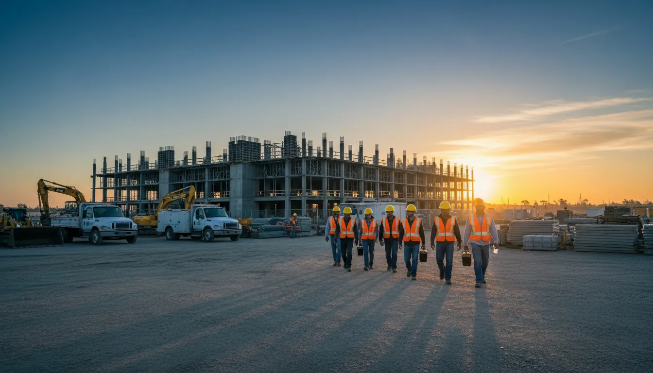 Construction site at dawn as workers begin four-day workweek