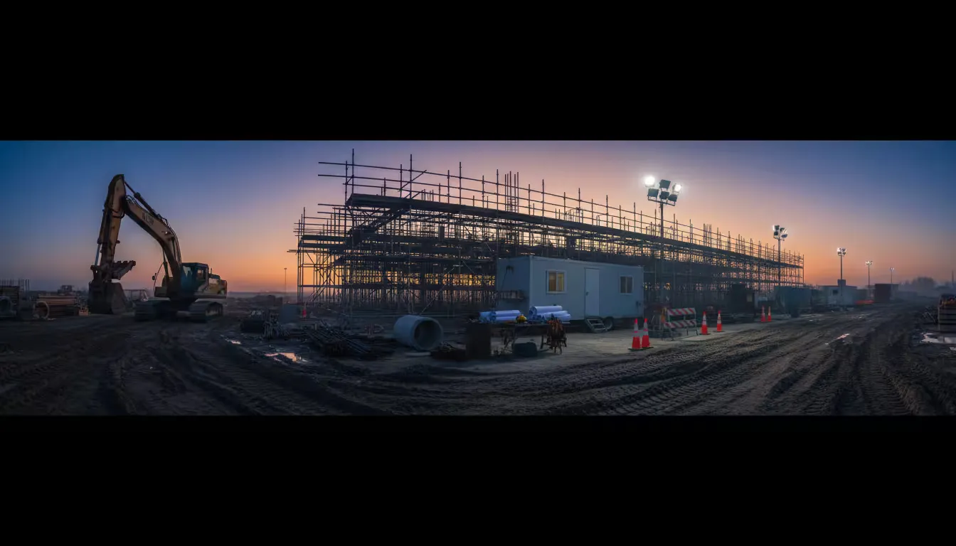 Wide shot of an active construction site at dawn with construction equipment including an excavator and scaffolding silhouetted against the morning sky, emphasizing the early start times typical of this industry.