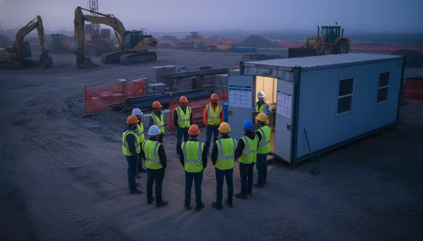 Wide environmental shot of a construction site at dawn during blue hour, captured from a slightly elevated angle showing a small crew of workers in ha