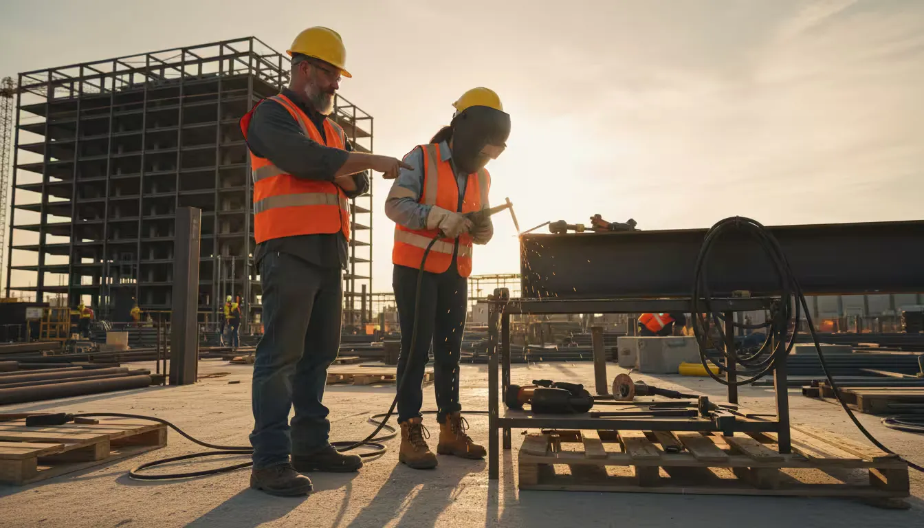 Wide shot of a construction apprentice practicing welding techniques under the supervision of a journeyman welder at an active job site during golden hour.