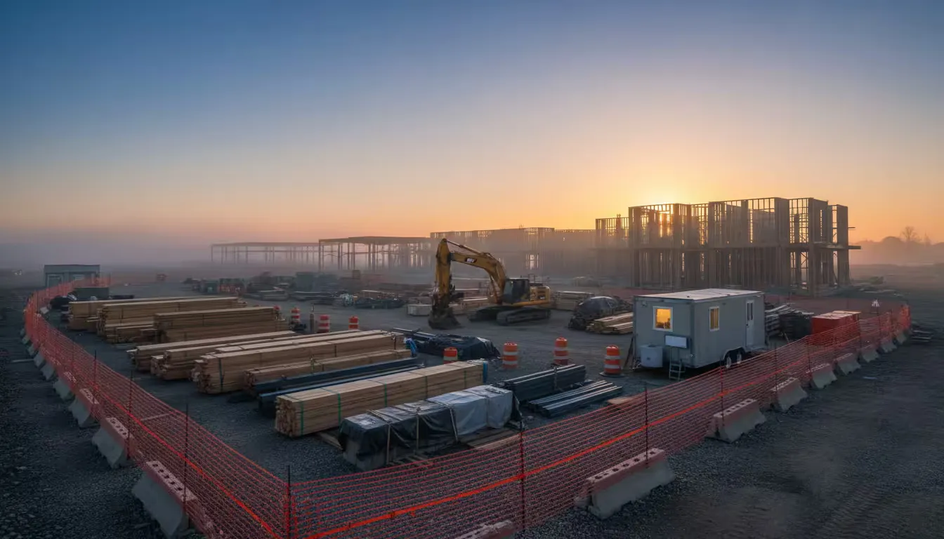 Wide establishing shot of a construction site at dawn with golden hour light just beginning to illuminate the scene.