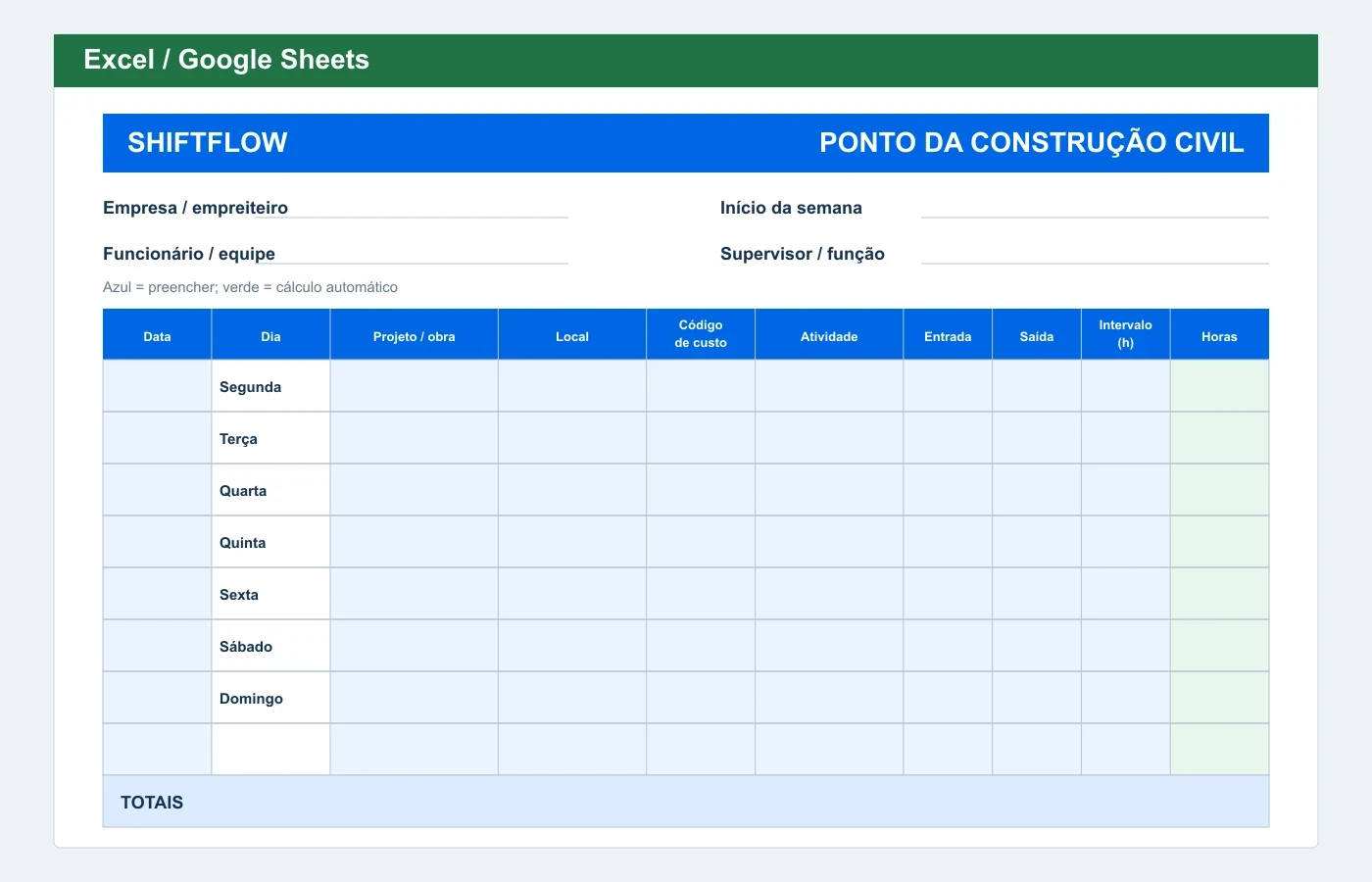 Prévia em Excel: Folha de ponto para construção civil