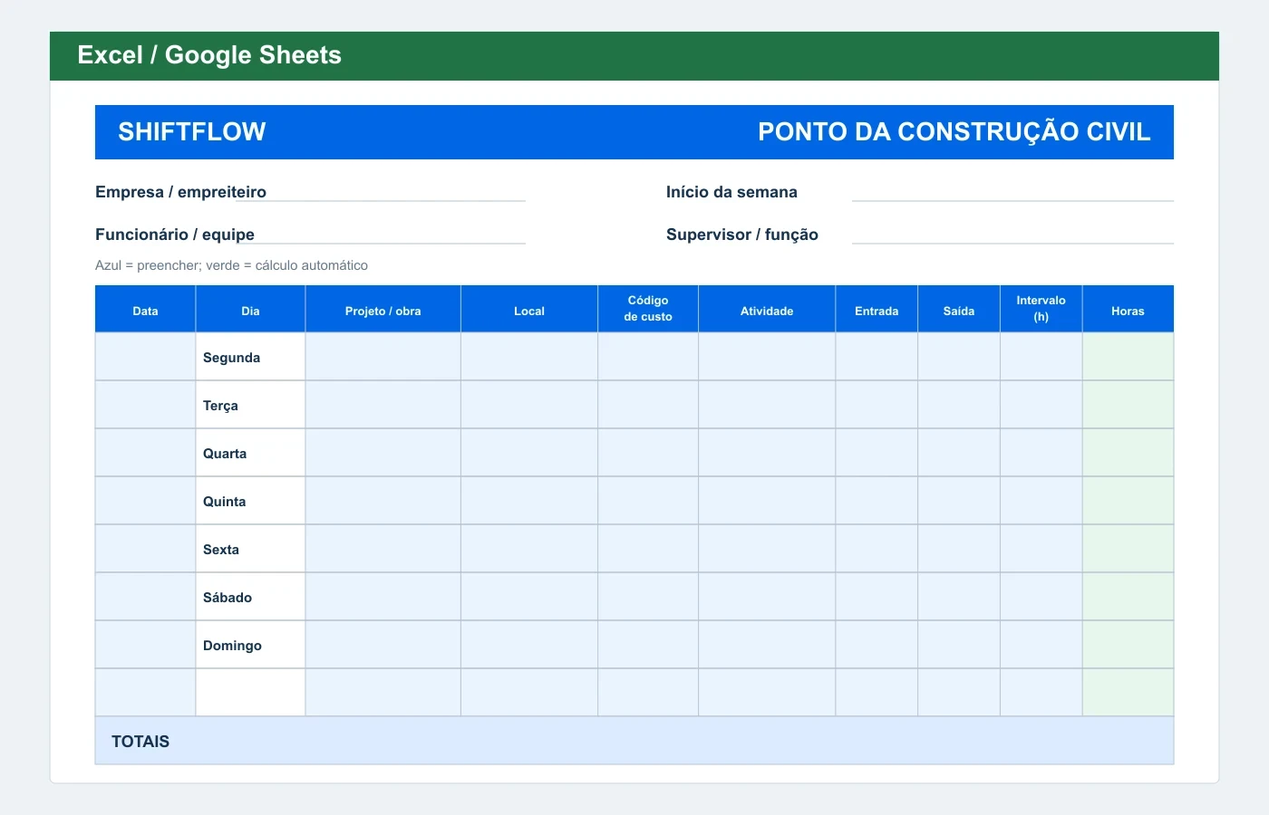 Prévia em Excel: Folha de ponto para construção civil