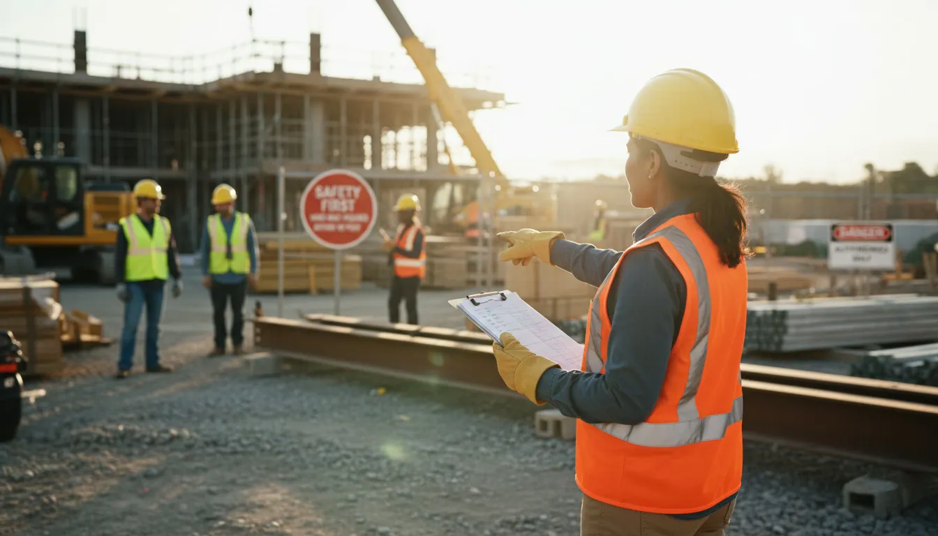 Construction supervisor conducting site safety inspection with clipboard