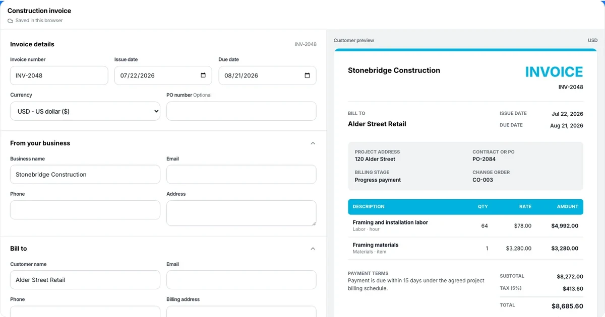 Construction invoice template preview with line items and automatic totals