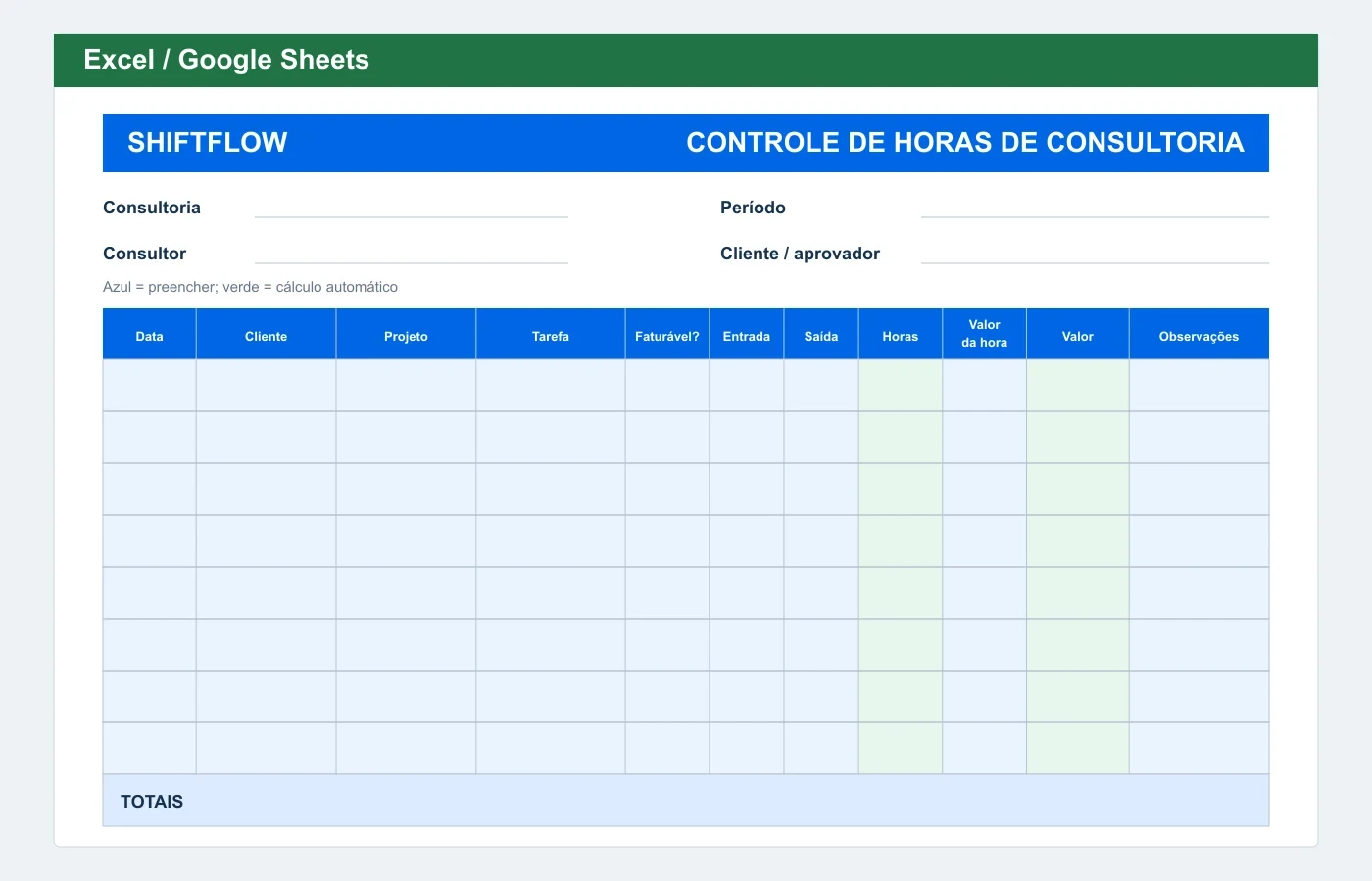 Prévia em Excel: Planilha de controle de horas de consultoria