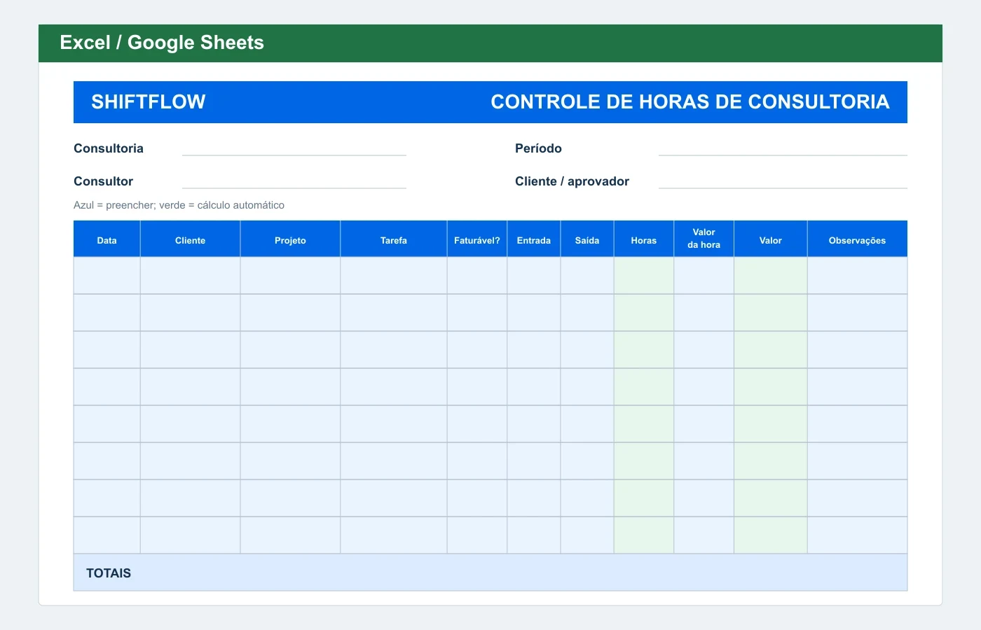 Prévia em Excel: Planilha de controle de horas de consultoria
