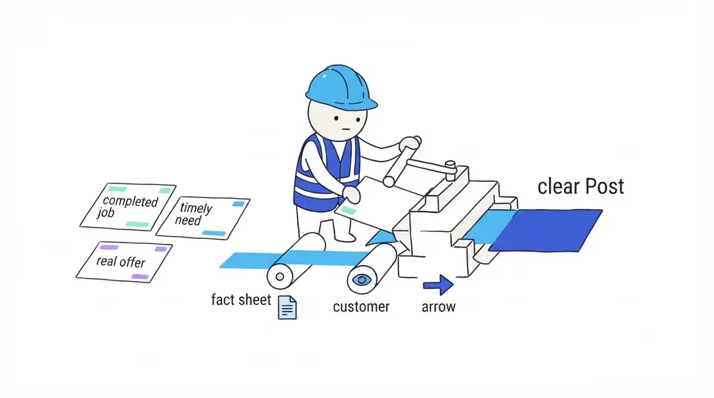 A field worker loads completed-job, timely-need, and real-offer cards into a small press that produces one clear customer Post.
