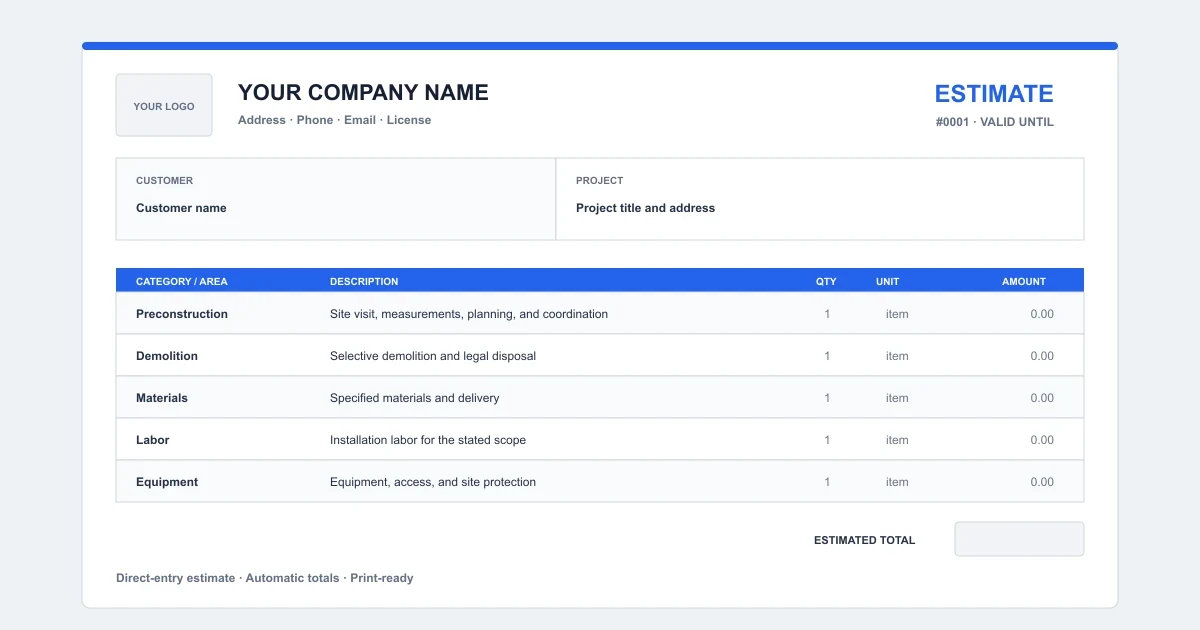 Contractor Excel estimate template preview with scope rows and automatic pricing totals
