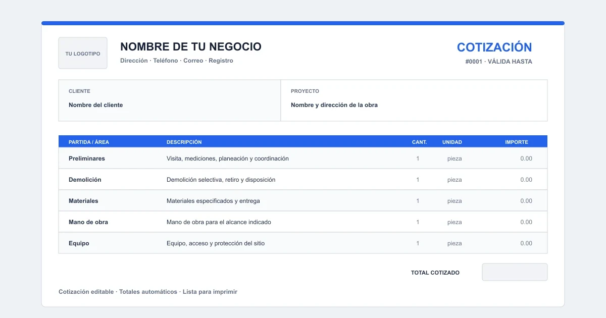 Vista previa de una plantilla de presupuesto de obra en Excel con partidas y totales automáticos