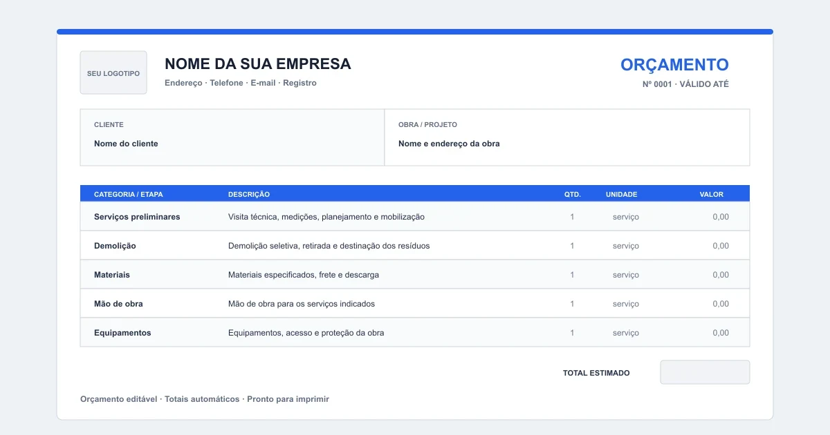 Prévia da planilha de orçamento de obra com itens e totais automáticos