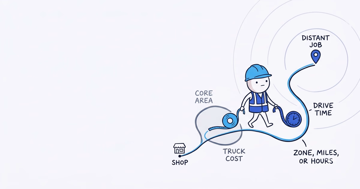 Recover normal local drive time in your minimum fee, service-call fee, loaded rate, or flat job price. Use zones, miles, or travel hours when distance or congestion makes one local allowance unfair.
