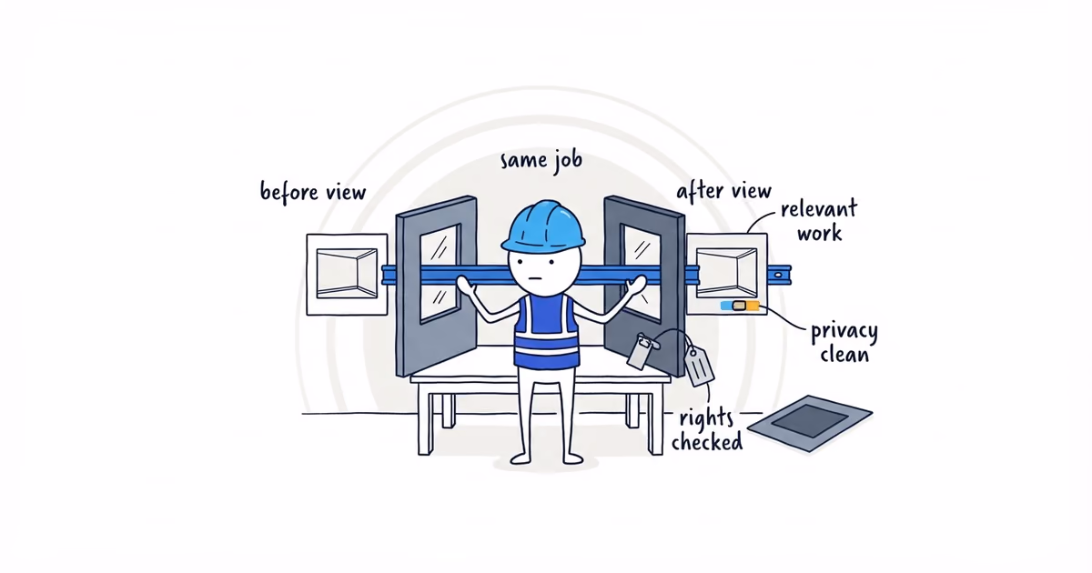 A field Worker locks two same-job photo cards into a shared before-and-after viewer after checking relevance, rights, and privacy.
