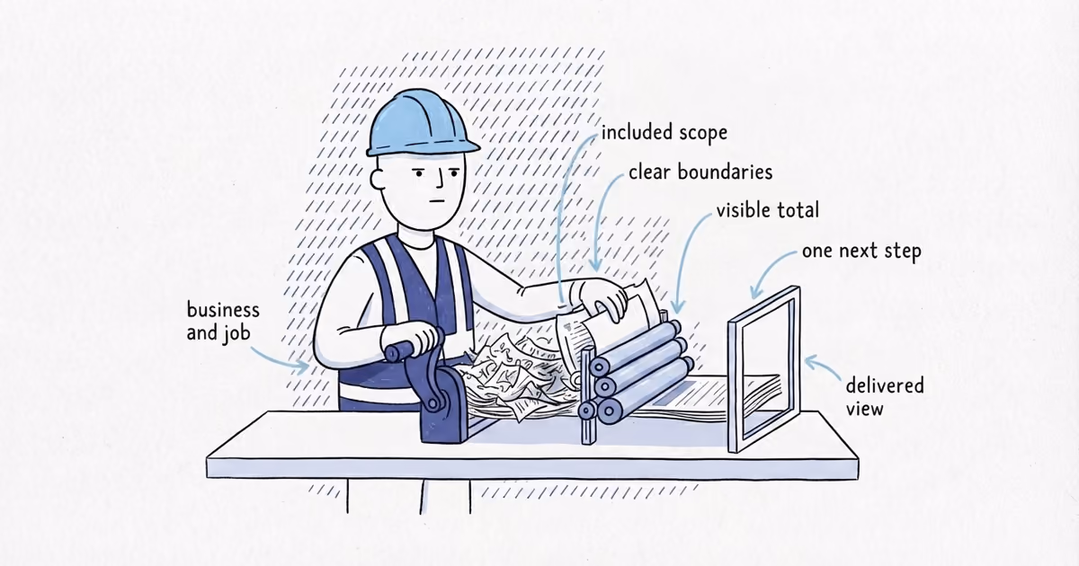 A field Worker cranks a paper straightener that turns a crowded estimate into a clean ordered document passing through a delivered-view frame.
