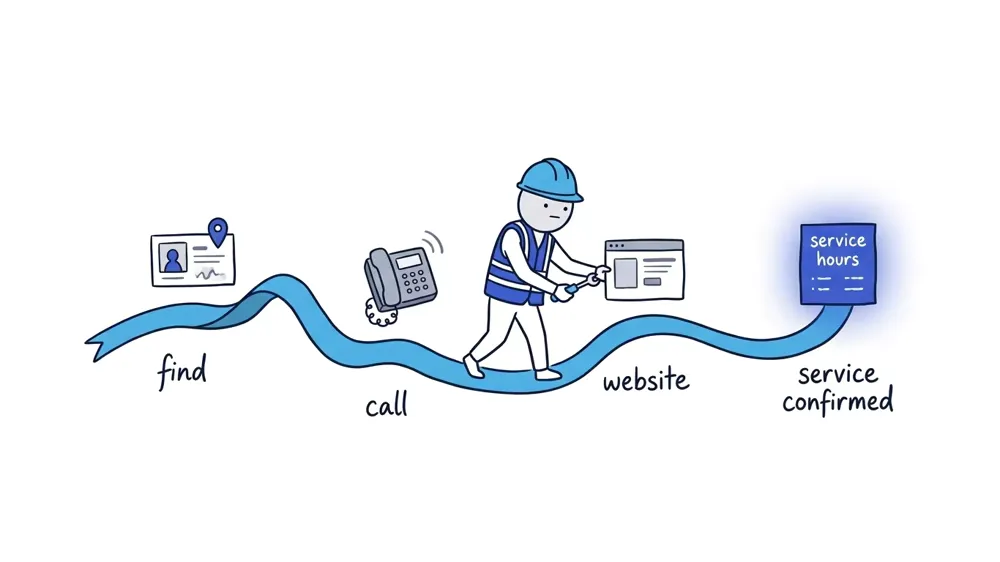 The Worker follows and tests one continuous path from a Google profile pin to a phone call, website, and service information.