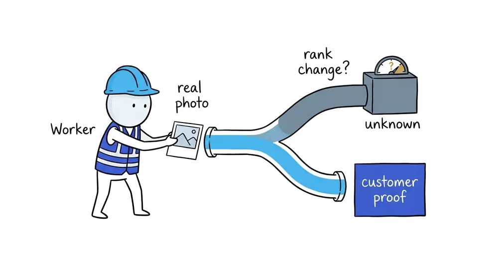 A field worker feeds one real job photo into a forked pipe that produces clear customer proof while the separate ranking output remains marked unknown.