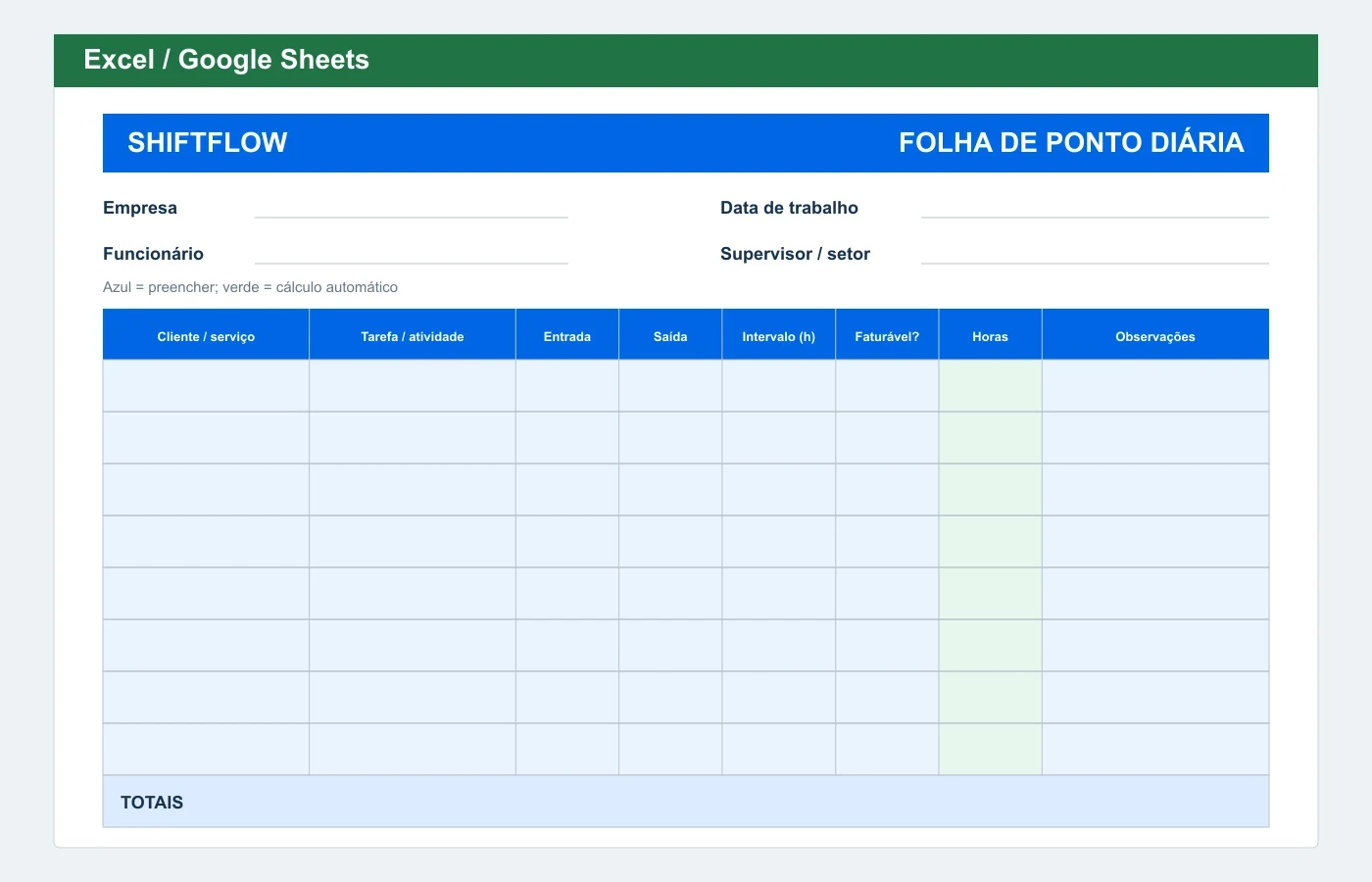 Prévia em Excel: Folha de ponto diária