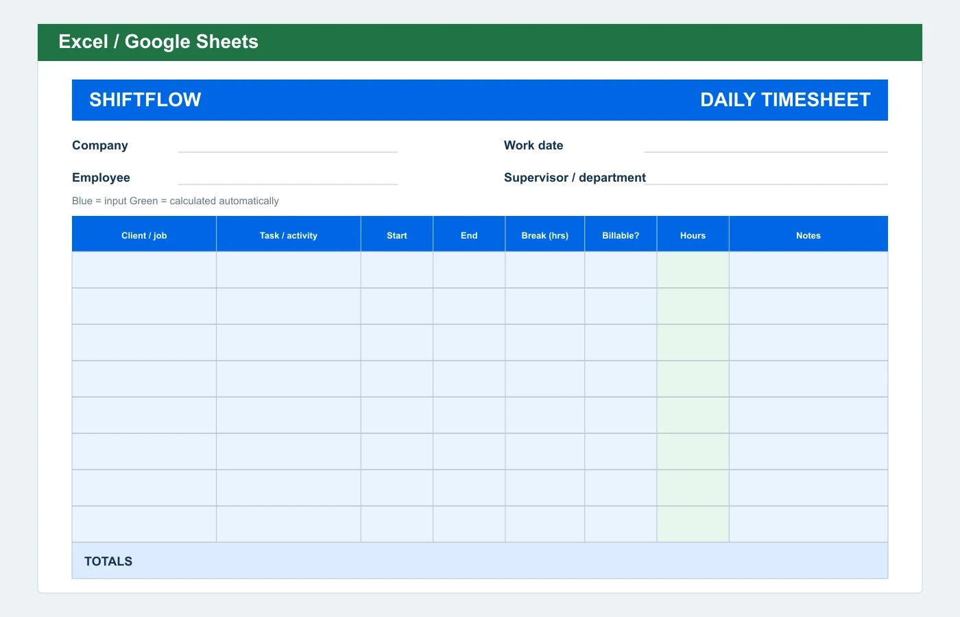 Daily Timesheet Excel template preview