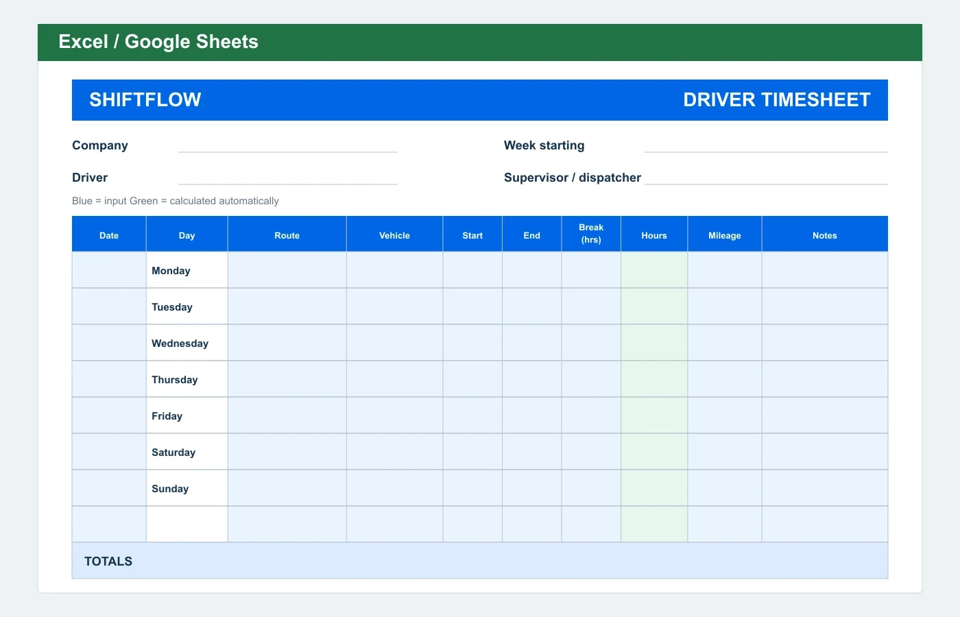 Driver Timesheet Excel template preview