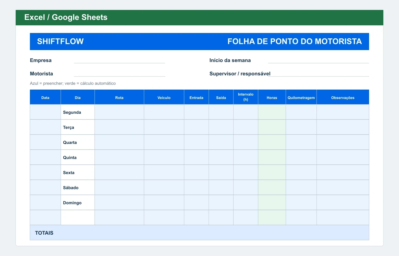 Prévia em Excel: Folha de ponto de motorista