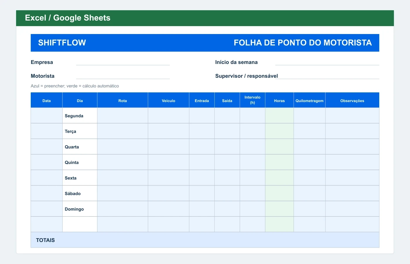 Prévia em Excel: Folha de ponto de motorista