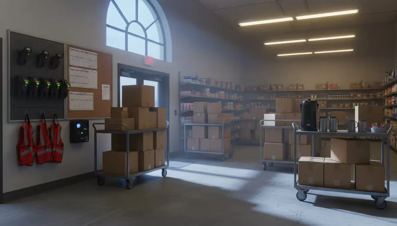 Wide environmental shot of a retail stockroom during early morning hours before store opening.
