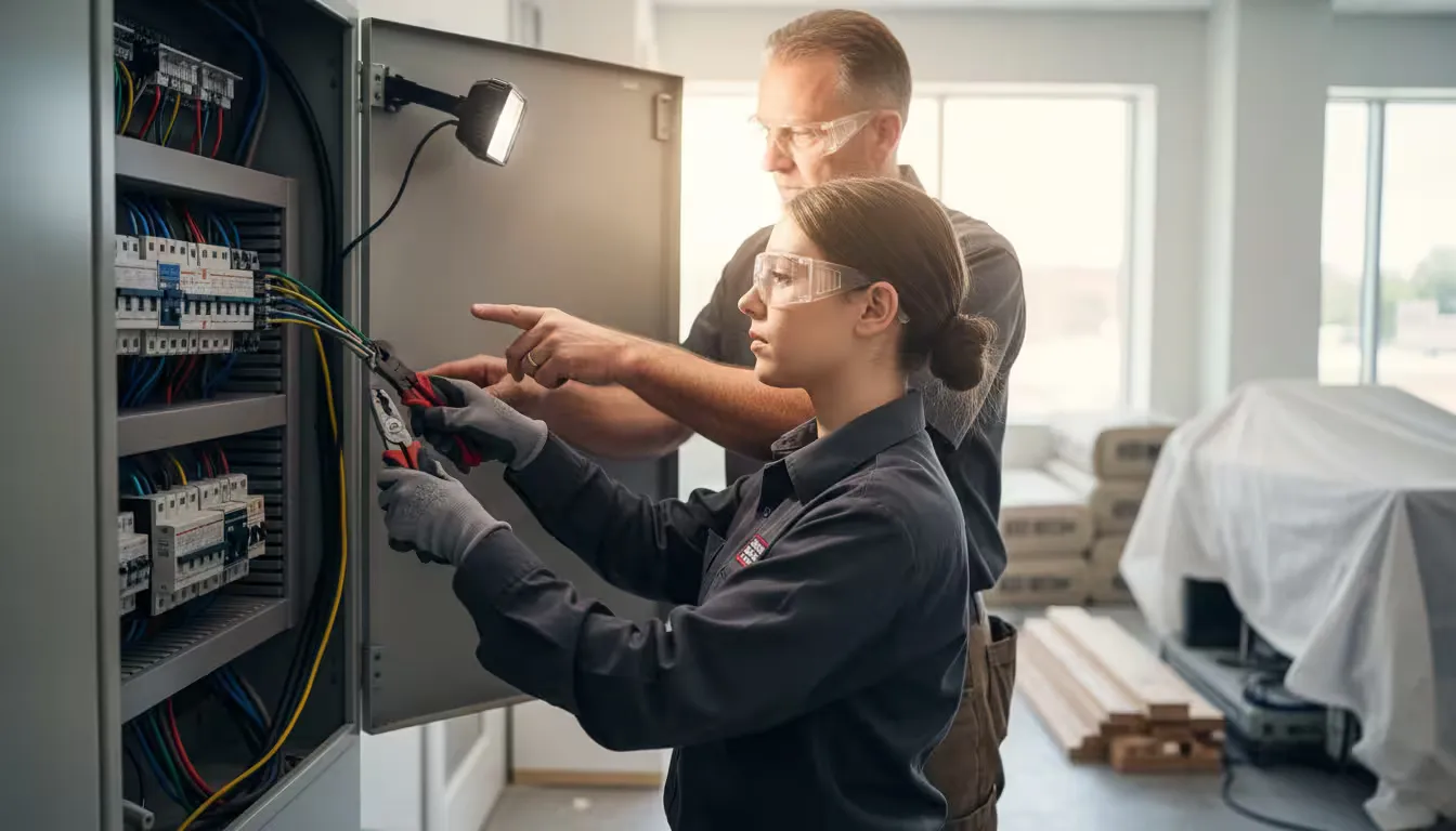 Close-up shot of an electrical apprentice's gloved hands working inside an open commercial electrical panel under the watchful supervision of a master electrician pointing to specific components.