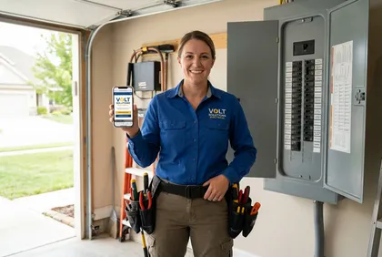 Electrician holding a mobile service website preview beside an electrical panel