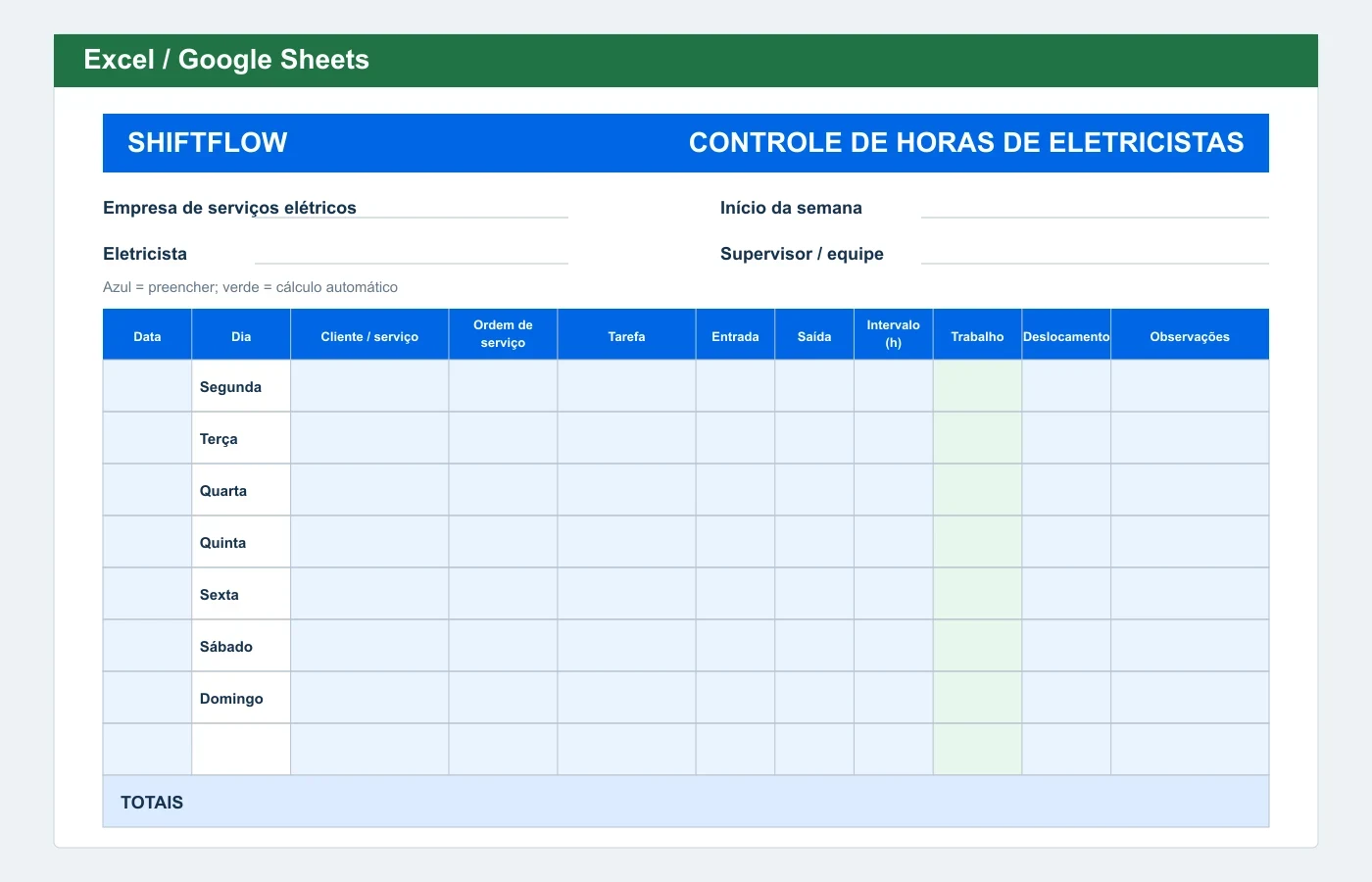Prévia em Excel: Planilha de horas para eletricistas