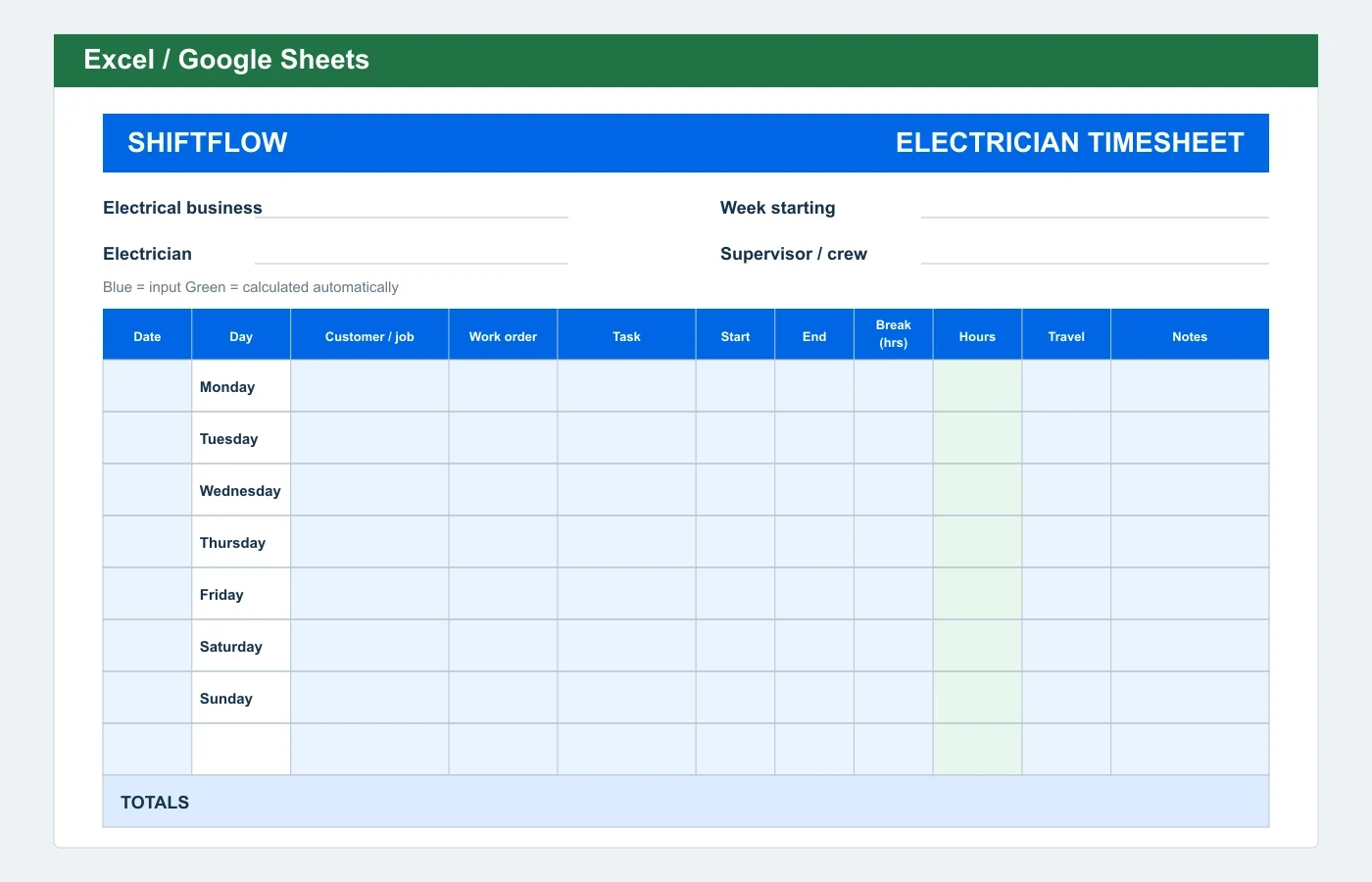 Electrician Timesheet Excel template preview