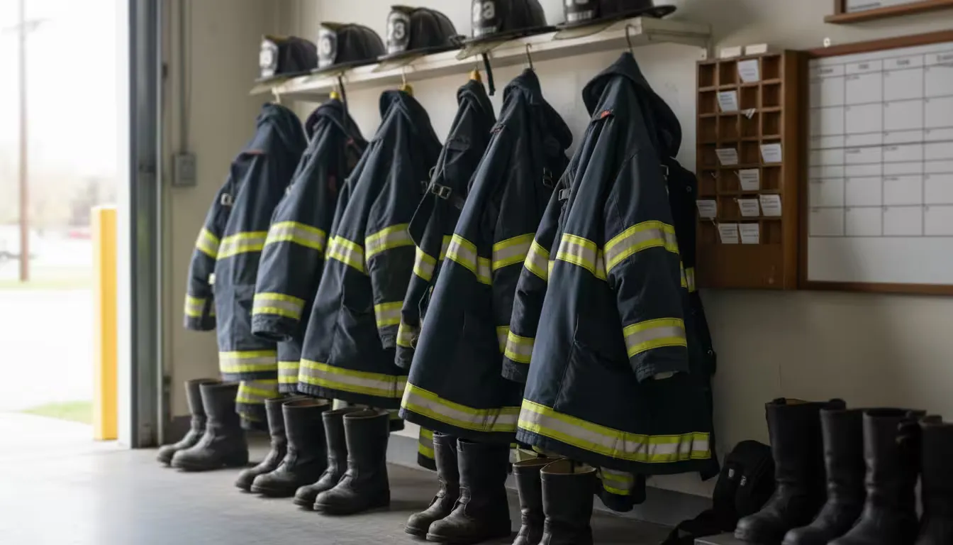 Close-up shot of an emergency services equipment station, photographed with natural window light from a nearby bay door. The scene features turnout gear, helmets, and boots arranged and ready for the next shift, with a time card holder and schedule board mounted on the wall in soft focus behind.