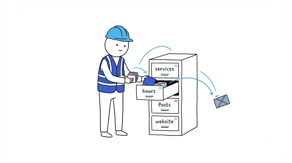 A field worker sorts customer question cards into four drawers labeled services, hours, Posts, and website.