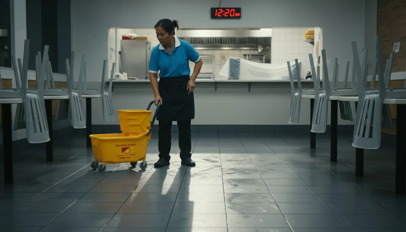 Fast food employee mopping floor during late-night closing