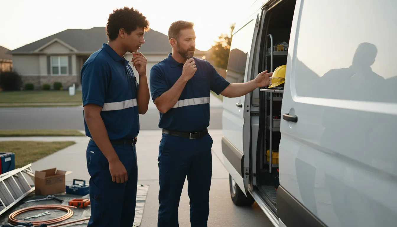 HVAC supervisor and technician discussing safety protocols beside service van