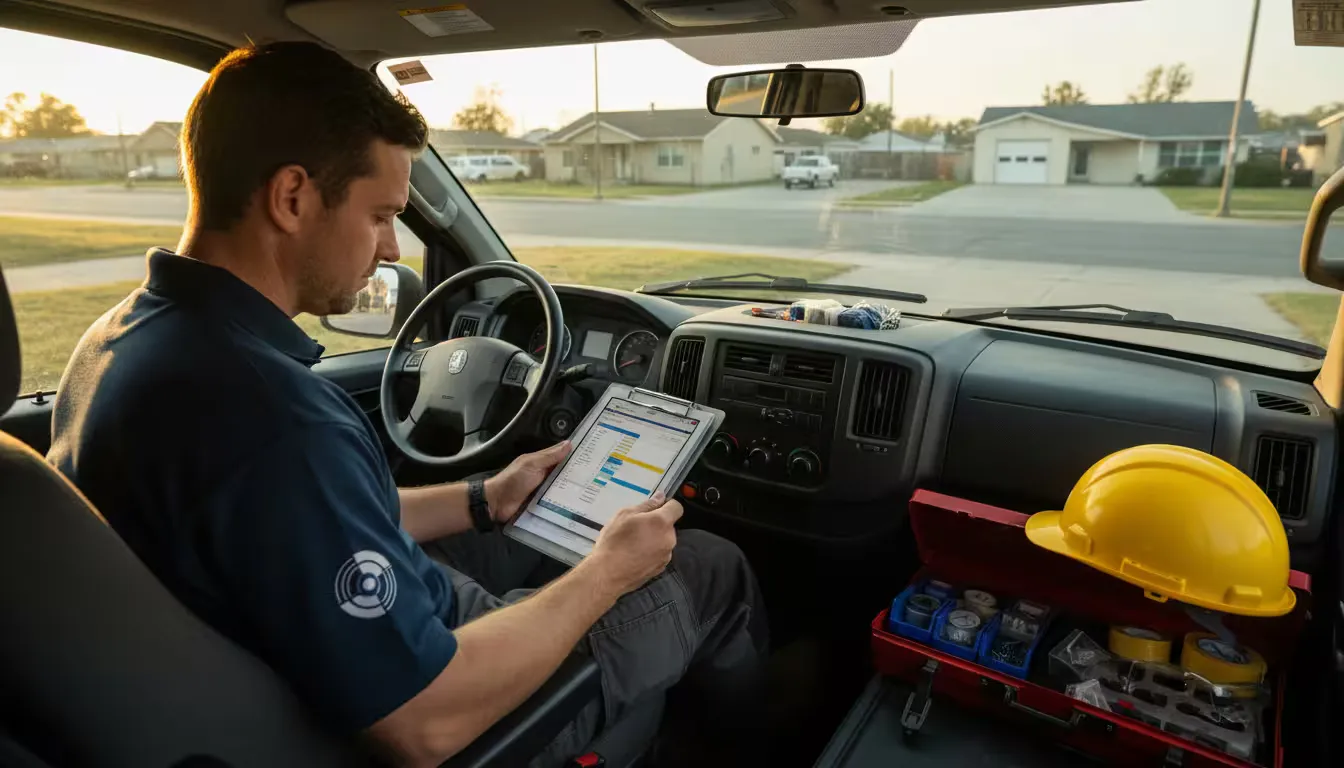Over-the-shoulder shot from inside a service vehicle at dawn, showing a field technician in work uniform reviewing a clipboard mounted on the dashboard with golden hour light streaming through the windshield.