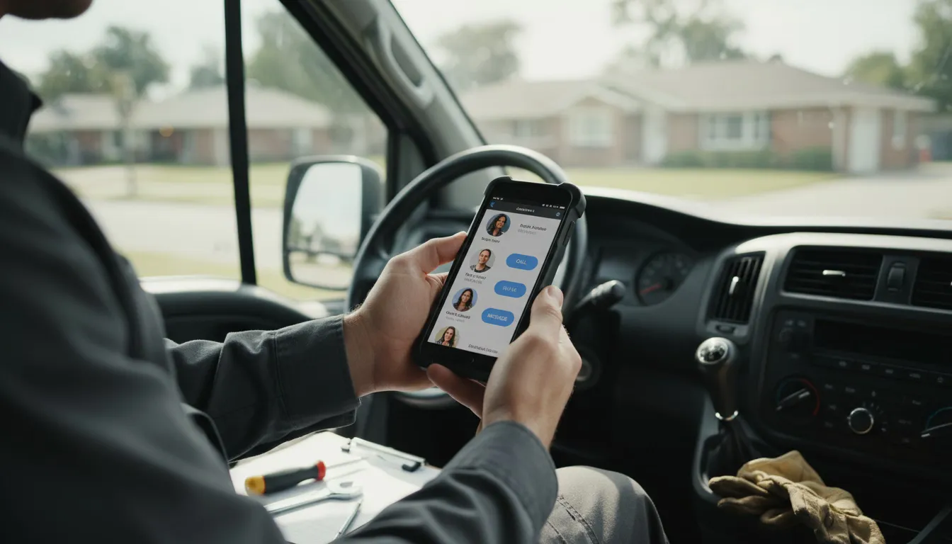 HVAC technician accessing employee directory on phone in service van