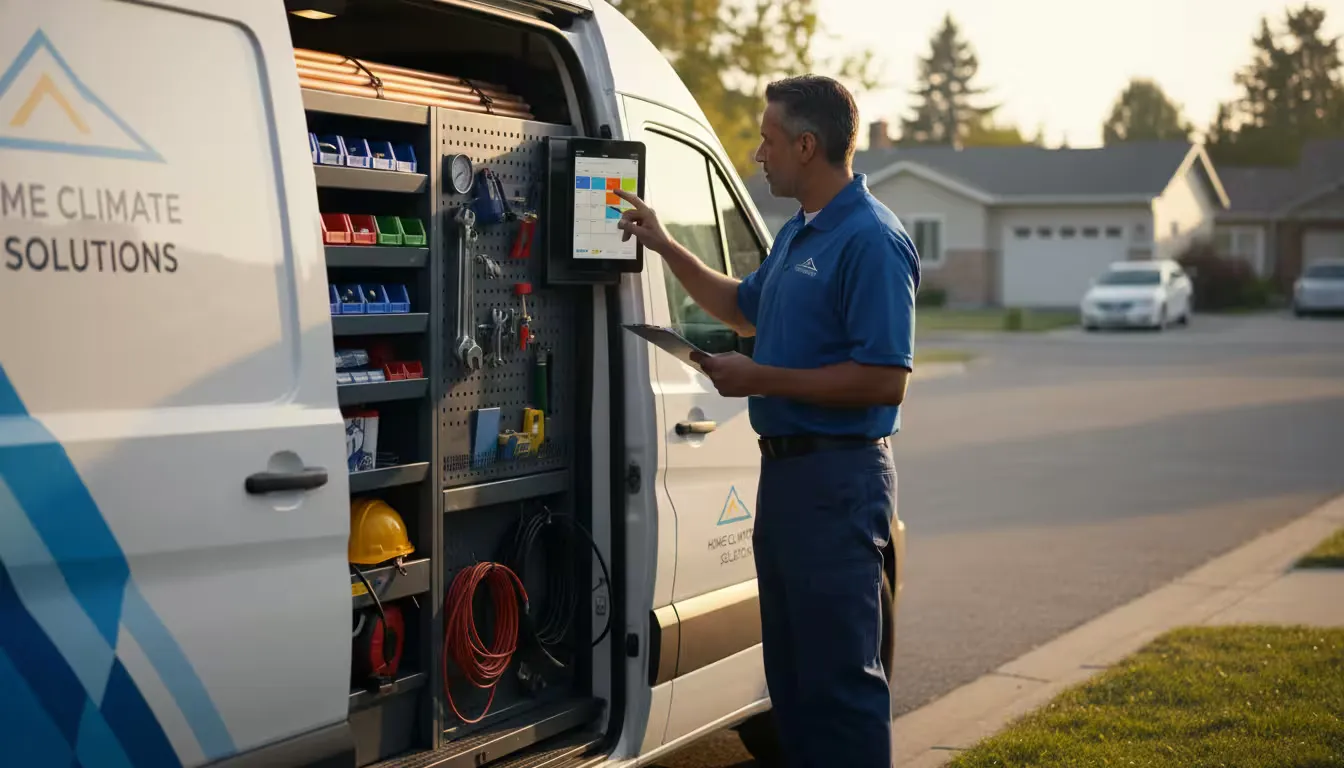 Medium shot through open side door of a service van at dawn, golden hour light streaming across organized tool compartments and equipment.