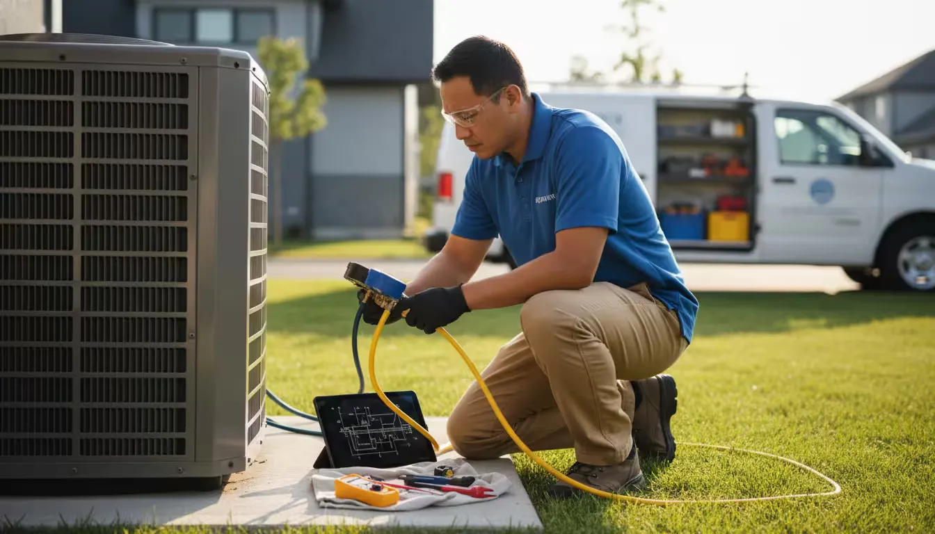 Eye-level shot of an HVAC technician demonstrating problem-solving behaviors at a residential service call.