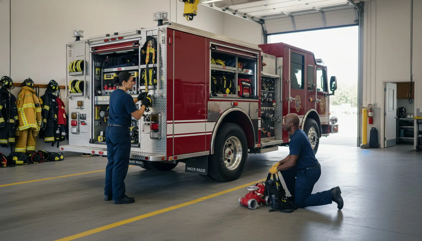 Firefighters conducting equipment checks in fire station bay during shift