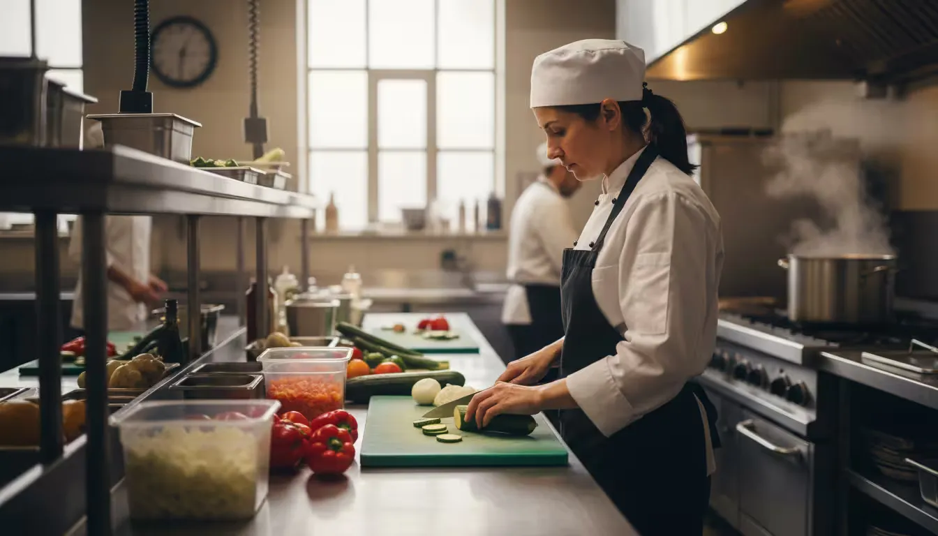 Eye-level shot of a temporary kitchen worker in a commercial restaurant kitchen during morning prep hours before service begins.