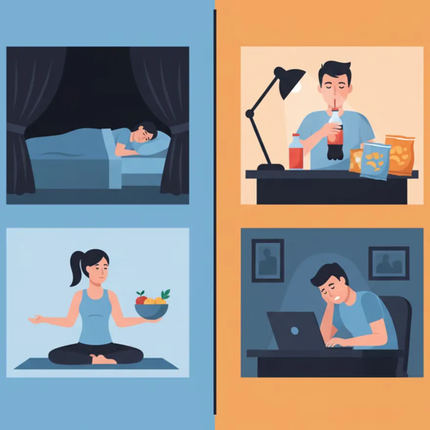 Split-screen comparison showing healthy night shift worker practices vs unhealthy habits