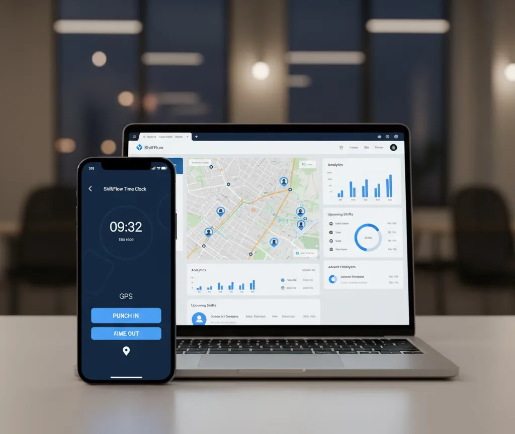 Mobile app and web dashboard interface for workforce management with smartphone and laptop display