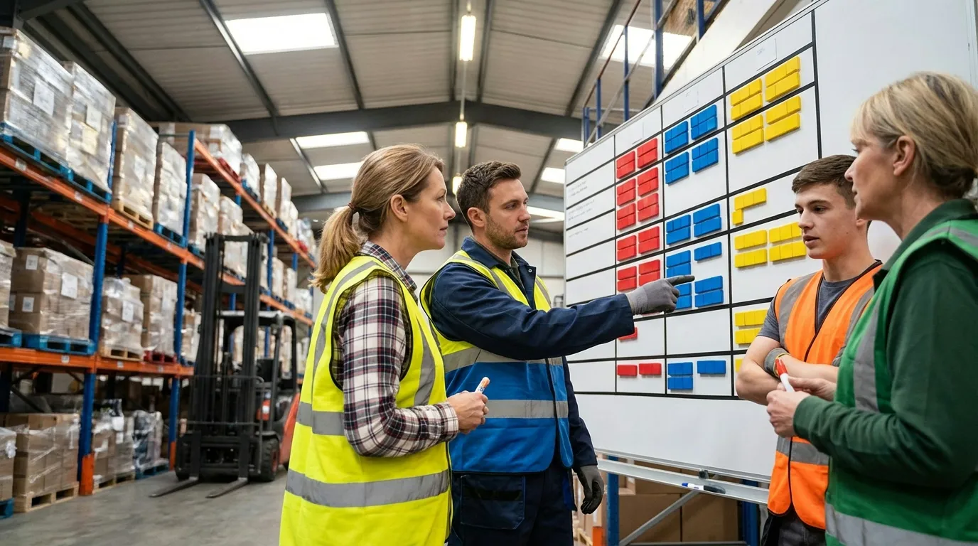 Warehouse team reviewing color-coded rotation schedule on wall-mounted board