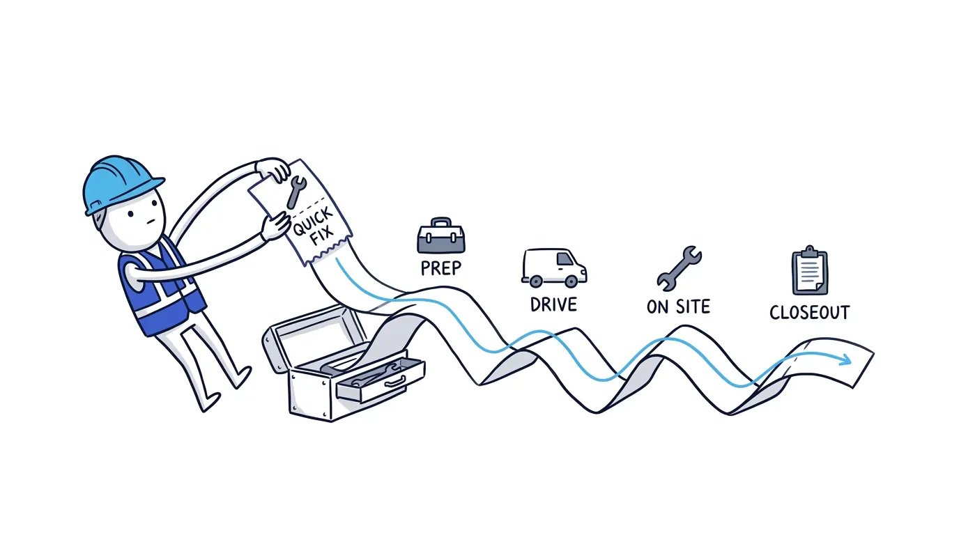 The ShiftFlow Worker pulls a quick-fix ticket from a toolbox, revealing preparation, driving, on-site work, and closeout behind it.