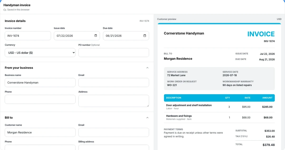 Handyman invoice template preview with line items and automatic totals