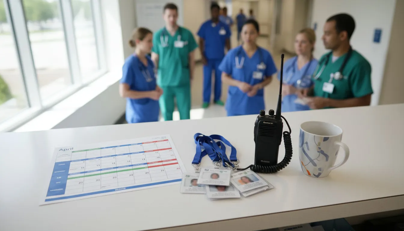 Hospital staff scheduling workspace with 4/10 calendar and badges