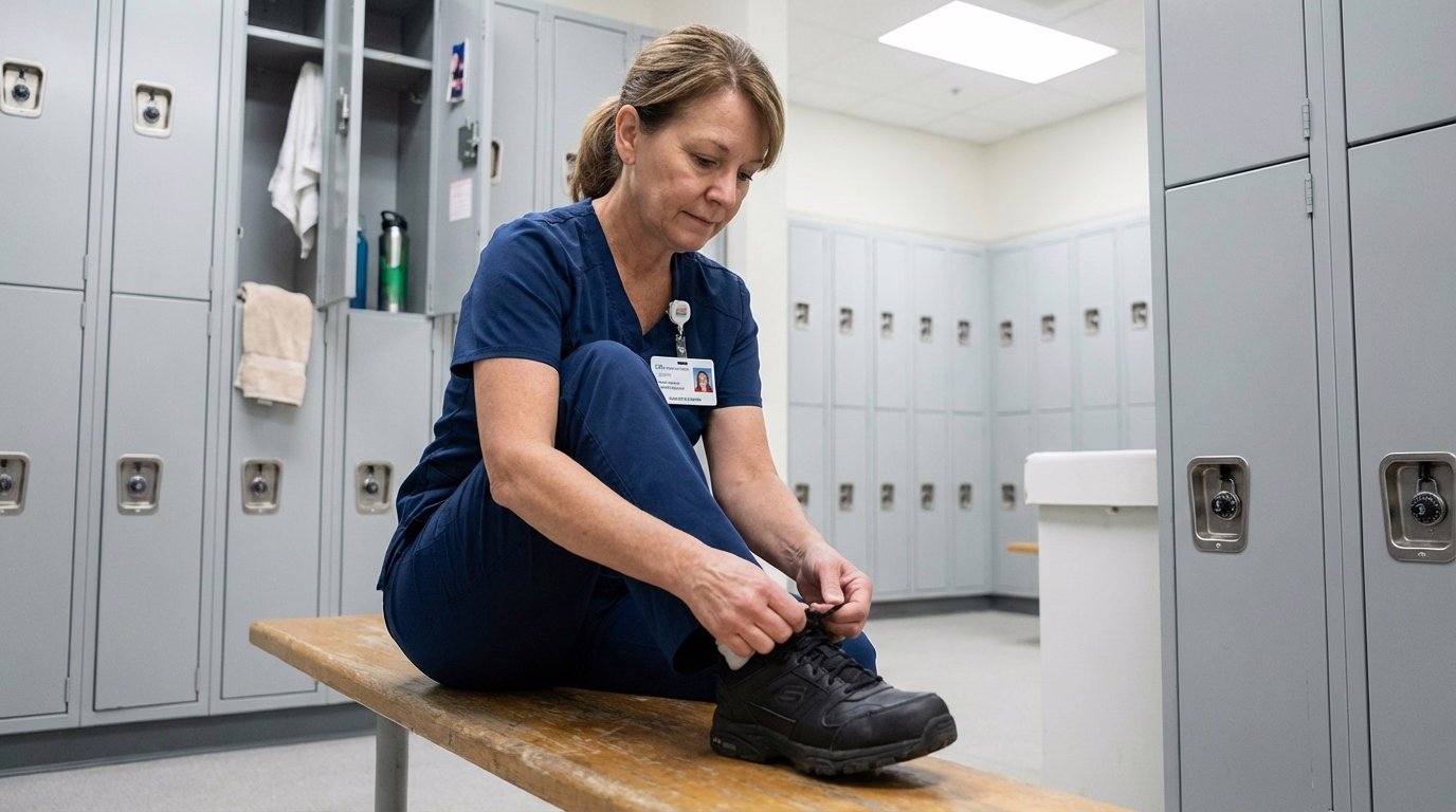 Healthcare aide in scrubs tying shoes in hospital locker room before shift